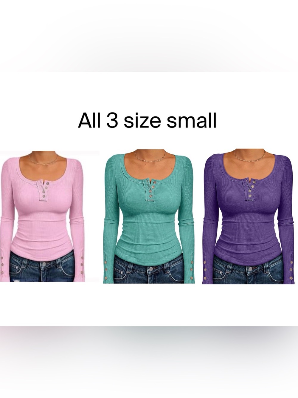 Top bundle of 3 long sleeve button accents Pink  Purple Teal blue green